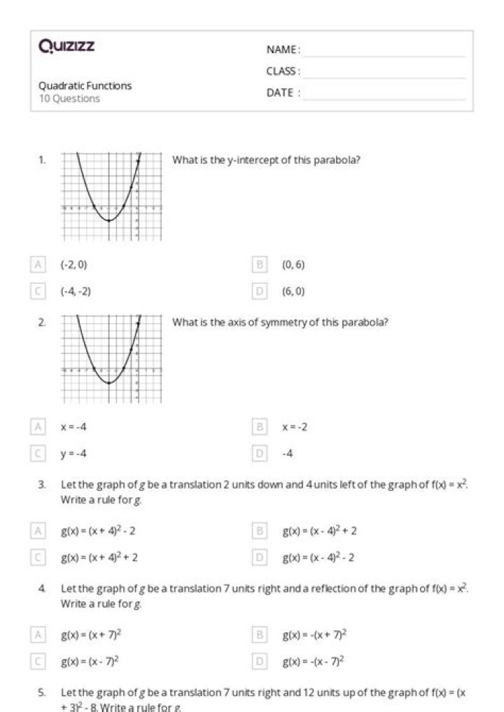 Quadratic Functions Quiz